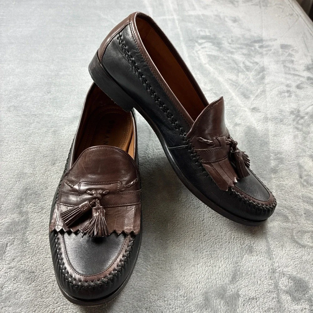 Domani Mens 11M Two Tone Brown Black Leather Tassel Kiltie Loafers India Preppy